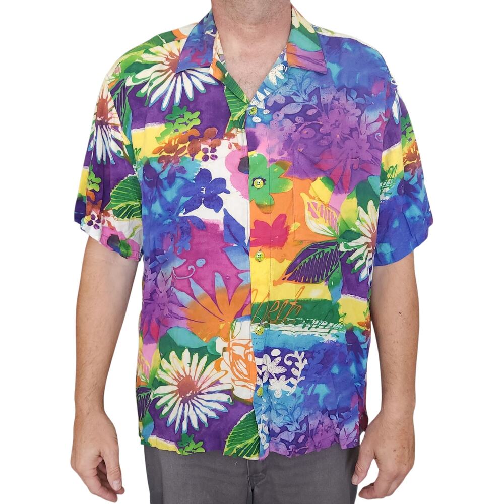 vtg JAMS WORLD Amethyst tropical floral print button down Hawaiian shirt Size XL